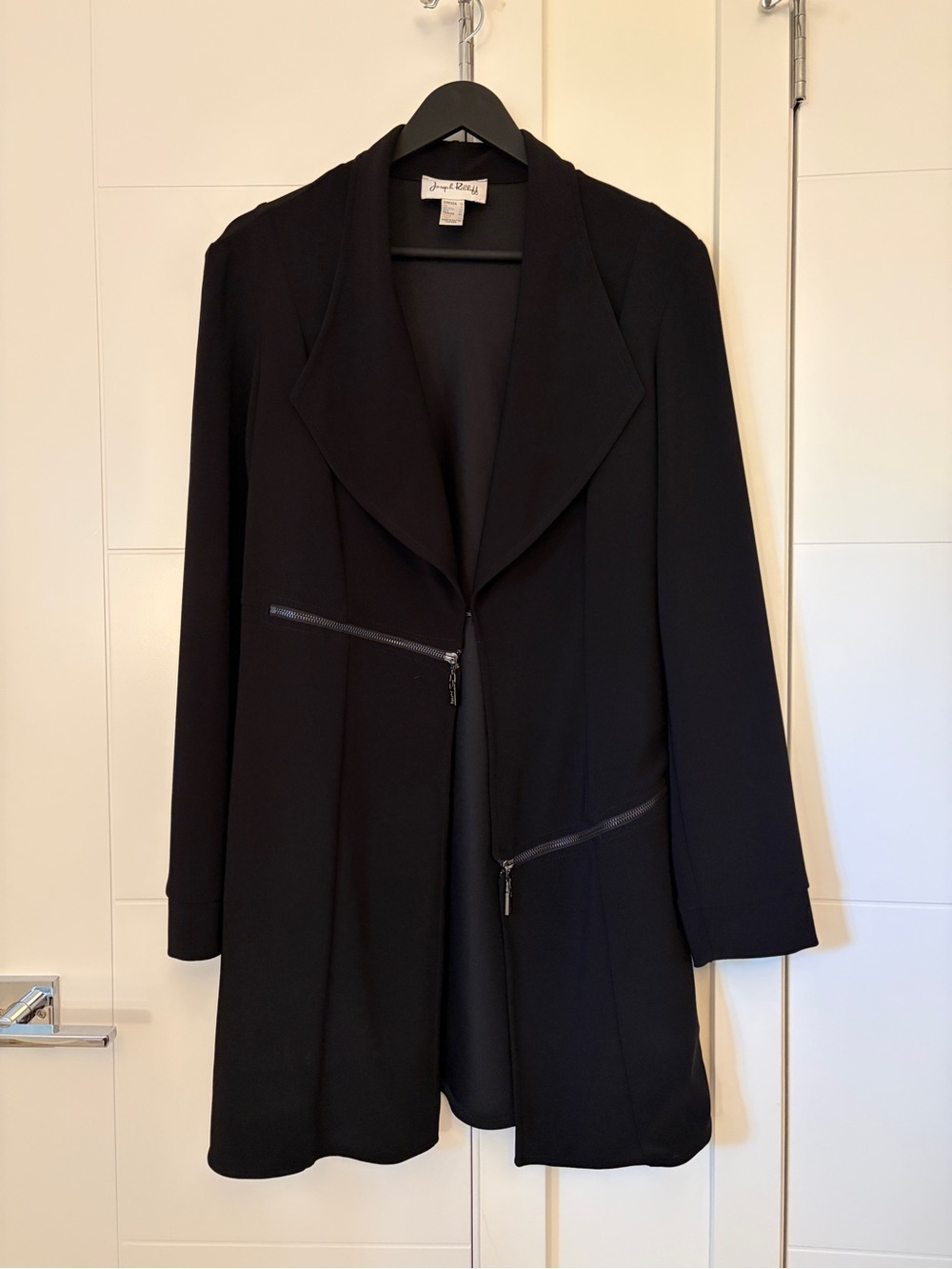 Joseph Ribkoff Black Long Open Jacket with Asymmetric Zippers